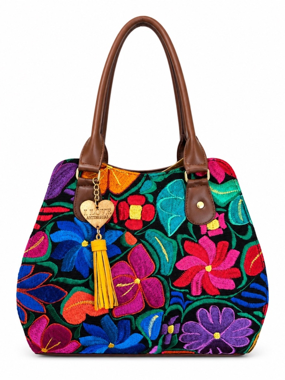 Antigua-Inspired Multicolor Floral Embroidered Tote with Brown Handles
